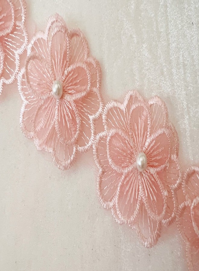 PEPPERLONELY 1 Yard 18PC 3D Pearl Flower Embroidered Lace Edge Trim Ribbon, Flower Size 1.75 x 1.75 Inches, Pink - Image 2